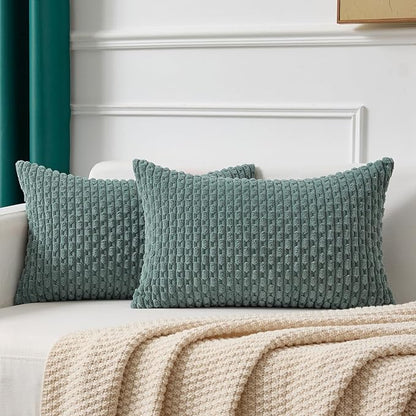 Kevin Textile 14x24 Inch Pillow Cover 1 Pack Boho Decorative Soft Striped Corduroy Lumbar Farmhouse Color Accent Rectangle Cushion Case for Living Room Couch Sofa Bed, Teal Green