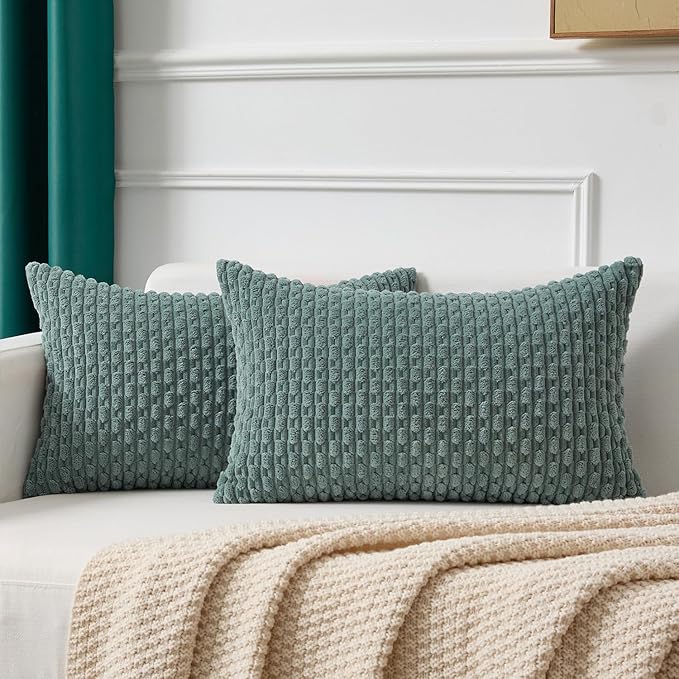 Kevin Textile 12x20 Inch Pillow Cover 1 Pack Boho Decorative Soft Striped Corduroy Lumbar Farmhouse Color Accent Rectangle Cushion Case for Living Room Couch Sofa Bed, Teal Green