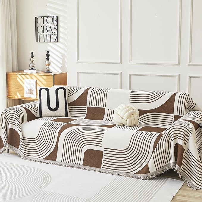 Boho Couch Cover Sofa Covers Washable, Chenille Couch Covers for 3 Cushion Couch Sofa Pet Friendly, Bohemian Sofa Slipcovers for Sectional Sofa, Loveseat, 2 3 4 Seater (91" x 134", Coffee)