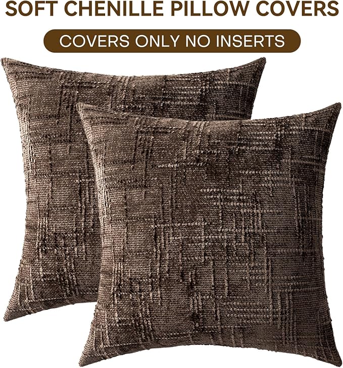 Decorative Throw Pillow Covers 20x20 Inch Set of 2, Soft Solid Farmhouse Chenille Couch Pillows, Spring Pillow Covers for Couch Sofa Bed Living Room Home Decor Pillowcase, Brown
