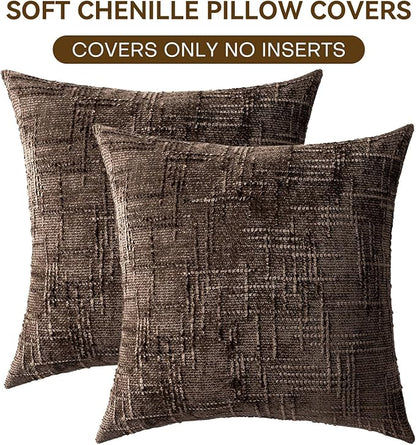 Decorative Throw Pillow Covers 20x20 Inch Set of 2, Soft Solid Farmhouse Chenille Couch Pillows, Spring Pillow Covers for Couch Sofa Bed Living Room Home Decor Pillowcase, Brown
