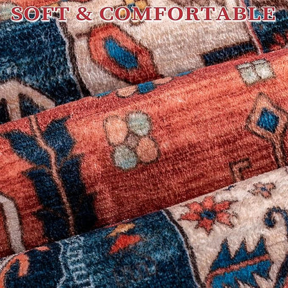 SERISSA Boho Round Area Rug, 4ft Washable Non-Slip Circle Rug, Ultra Soft Oriental Vintage Rust Low-Pile Small Circular Carpet for Bedroom Entryway Kids Room Office College Dorm Living Room