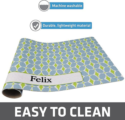 Drymate Personalized Pet Bowl Placemat, Custom Dog & Cat Food Feeding Mat - Absorbent Fabric, Waterproof Backing - Machine Washable/Durable (USA Made) (12" x 20") (Structure Blue & Green)