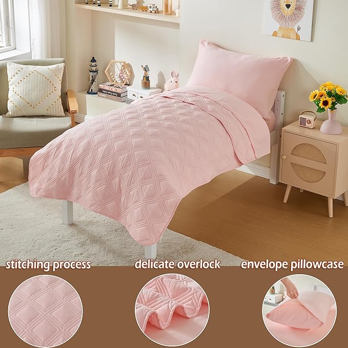 4 Piece Toddler Bedding Set for Girls Pink Geometric Stitched Soft Microfiber Crib Bed Sheets Set Lightweight Quilted Comforter Set for Baby | Include Comforter, Flat Sheet, Fitted Sheet, Pillowcase