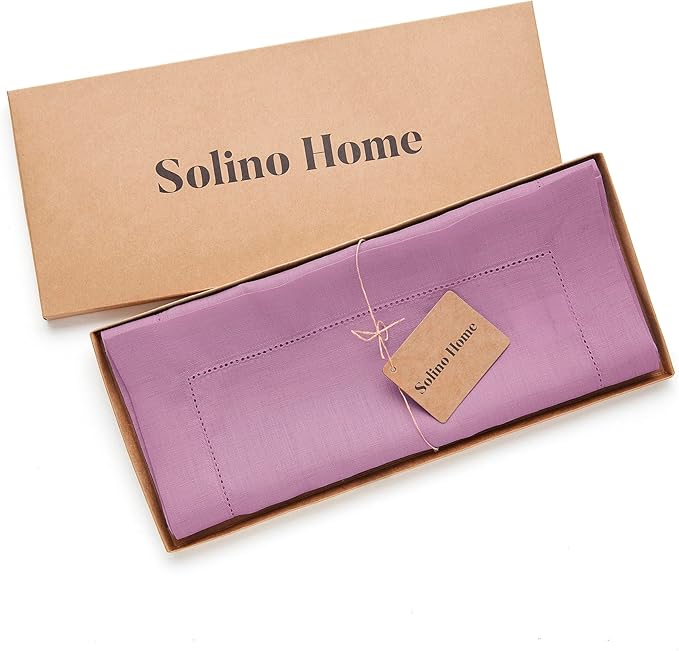 Solino Home Linen Table Runner 108 Inches Long - Classic Hemstitch 100% Pure Linen Violet Dining Table Runner 14 x 108 Inch