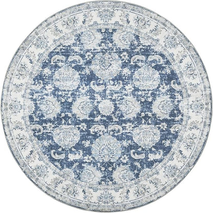 jinchan Fiora Round Rug 5ft Area Rug - Indoor Vintage Hallway Circle 5' Washable - Ultra-Thin Low Pile Soft Small Non Slip Distressed Floral Print for Living Room Bedroom Entryway Dark Blue