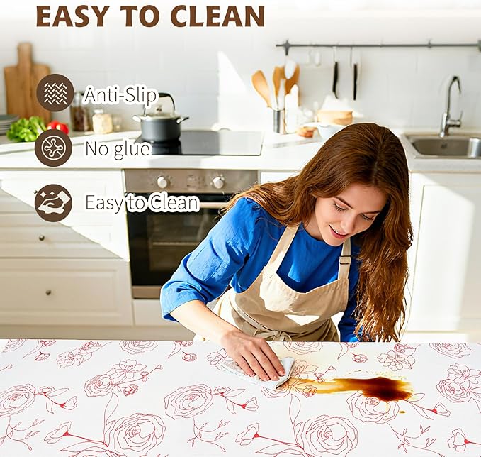 Shelf Liners for Kitchen Cabinets 12in x 20FT Non Adhesive Drawer Liner Red and White Floral Thickened Shelf Liner Paper Strong Non-Slip Easy to Clean for Tool Box with Knife and Tape Measure