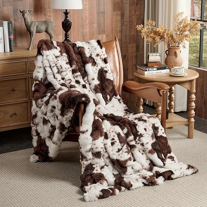 Lotus Karen Faux Fur Throw Blanket Cow Print-Dark Brown, Fluffy Fuzzy Plush Bubble Blanket for Couch, 60x50 Inches Cozy Shaggy Rabbit Blanket, Luxury Decorative Gifts for Sofa Bedroom Living Room.