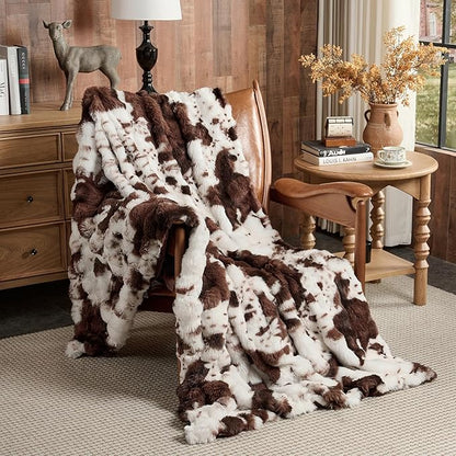 Lotus Karen Faux Fur Throw Blanket Cow Print-Dark Brown, Fluffy Fuzzy Plush Bubble Blanket for Couch, 80x60 Inches Cozy Shaggy Rabbit Blanket, Luxury Decorative Gifts for Sofa Bedroom Living Room.