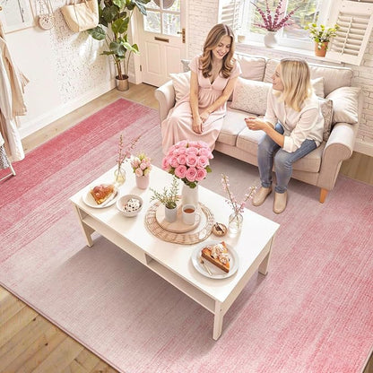 Wonnitar Modern Ombre Light Pink 9x12 Area Rug, Washable Soft Bedroom Rug Non-Slip Rugs for Living Room, Non-Shedding Large Nursery Mat, Thin Floor Carpet for Kids Playroom Dining Room (Pink, 9'x12')