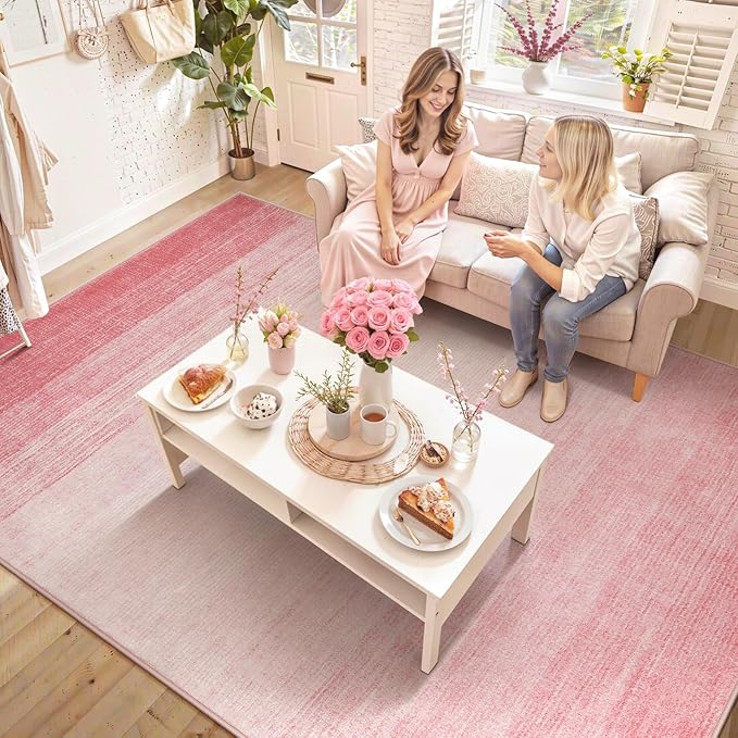 Wonnitar Washable Pink Rug 6x9, Modern Ombre Large Area Rugs for Girls Bedroom, Non-Slip Soft Nursery Kids Room Rug, Contemporary Thin Throw Carpet for Dorm Living Room Decor (Pink, 6'x9')
