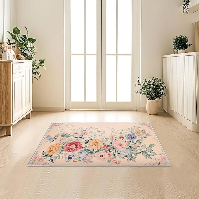 2x3 Floral Entryway Area Rug Beige Bathroom Rug Non Slip Machine Washable Low Pile Small Carpet Kitchen Bedroom Door Mat Entrance