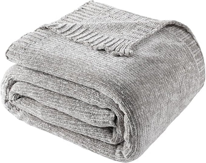 BATTILO HOME Light Grey Throw Blanket for Couch, Soft Knitted Chenille Throw Blanket for Sofa, Chair, Living Room, Cozy Gray Throw Blankets for Bed,51"x67"