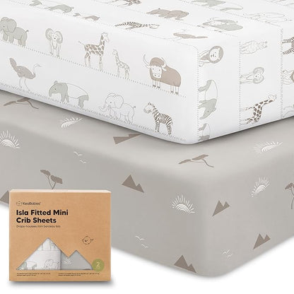 Pack and Play Sheets Fitted - 2-Pack Mini Crib Sheets for Pack N Play Mattress 38x26, Soft & Cozy, Neutral Toddler Playard Bedding, Snug Fitted Mini Baby Crib Mattress Cover Boy, Girl (Savannah)