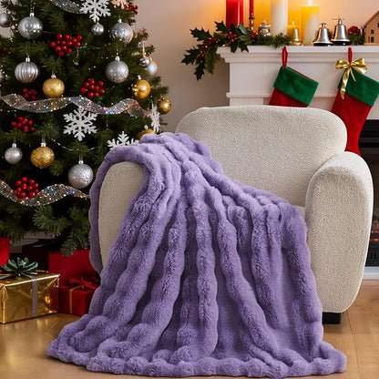 Lotus Karen Faux Fur Throw Blanket Purple - Big Bubble Rabbit Fluff Blanket for Couch Bed Sofa,Softest Fluffy Fuzzy Cozy Blanket,Thick Furry Plush Shaggy Warm Blankets for Women,90x90 Inches