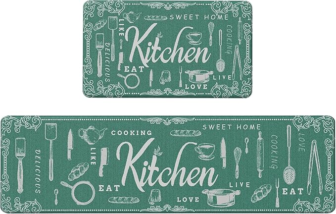 GENIMO Anti Fatigue Kitchen Mats for Floor, Non Slip Washable Kitchen Theme Rugs sets of 2, Farmhouse Cushioned Waterproof Comfort Runner Rug for Kitchen, Sink, Desk, Laundry, 17"x 59"+17"x 30", Green