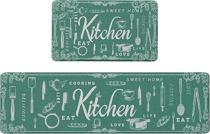 GENIMO Anti Fatigue Kitchen Mats for Floor, Non Slip Washable Kitchen Theme Rugs sets of 2, Farmhouse Cushioned Waterproof Comfort Runner Rug for Kitchen, Sink, Desk, Laundry, 17"x 59"+17"x 30", Green