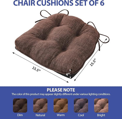 Chair Cushions for Dining Chairs Set of 6, Kitchen Chair Cushions, Chair Pads with Ties and Non Slip Backing, Tufted Memory Foam Seat Cushion 6 Pack, 15.5" x 15.5" x 4", Brown