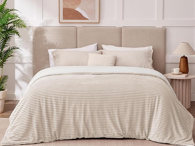 Sherpa King Size Sofa Blanket - Warm King Blanket reversible, Fuzzy, Cream, 108 x 90 Inches