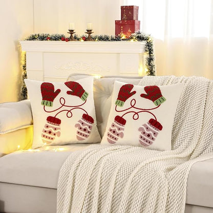LUOYEHK Christmas Pillow Covers 18x18 Set of 2 Cute Gloves Decorative Beige Pillow Cases Winter Holiday Velvet Embroidered Cushion Covers for Couch Sofa Bed