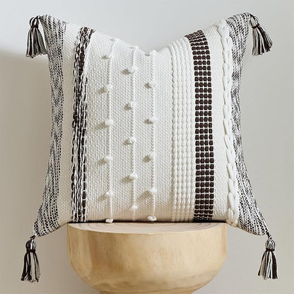 Boho Pillow Cover 18x18 Chocolate Brown - Handmade Woven Textured Throw Pillow Case with Cordings & Tassels, Decorative Accent for Couch Sofa Farmhouse Living Room Home Decor