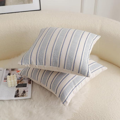 Decorative Boho Throw Pillow Covers, Farmhouse Textured Pillow Case, 22 x 22 Inch Set of 2, Chair Sofa Bedroom Living Room Home Decor Couch Cushion Case, Classic Blue and Beige Striped