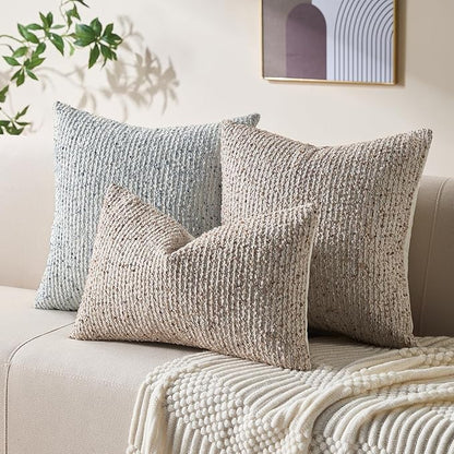 Decorative Couch Throw Pillow Covers 22x22 Beige Striped Soft Wool Pillow Covers Neutral Textured Boho Cushion Covers for Modern Farmhouse Sofa Bedroom Living Room Decor SY011-A22