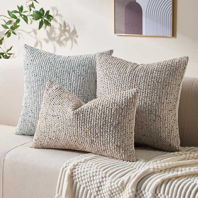 Decorative Couch Throw Pillow Covers 20x20 Beige Striped Soft Wool Pillow Covers Neutral Textured Boho Cushion Covers for Modern Farmhouse Sofa Bedroom Living Room Decor SY011-A20