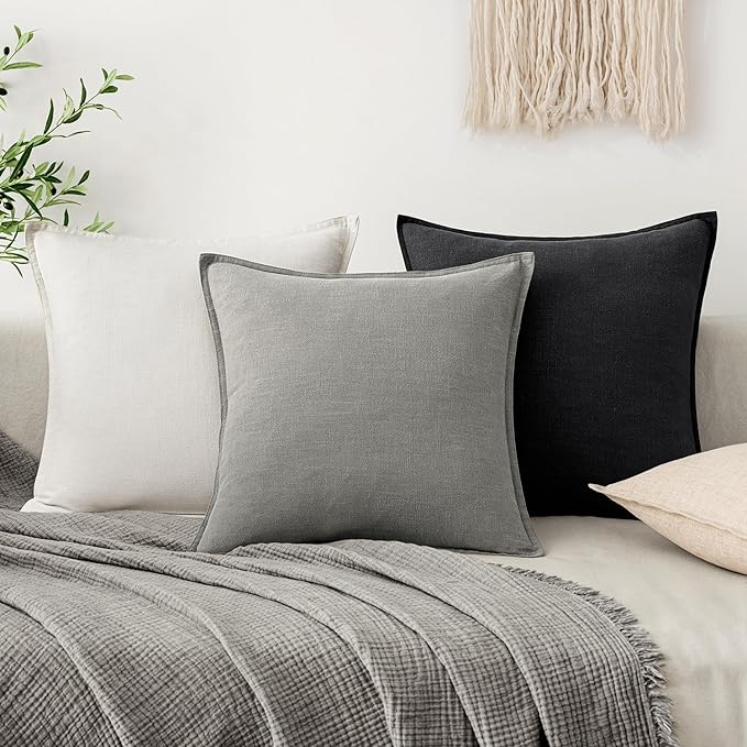 EMEMA Decorative Linen Throw Pillow Covers 20x20 Inch Black Boho Farmhouse Neutral Couch Throw Pillows for Bed Pack of 2 Accent Pillowcase Modern Sofa Cushion Livingroom Home