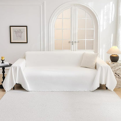 MYSKY HOME Couch Cover for Dogs Washable Couch Covers Couch Covers for Dogs Couch Cover 2 Cushion Sofa Non Slip Dogs Furniture Protector with Tassels Chenille Sofa Covers for Pets, 71"x102", White
