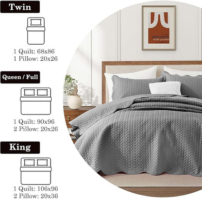 IR Imperial Rooms King Quilt Bedding Set Size (106" x 96") + 2 Pillow Shams (20" x 36"+ 2") - 3 Pcs All Season Lightweight Reversible Microfiber Coverlet Embossed Quilt Bedspread (Grey)