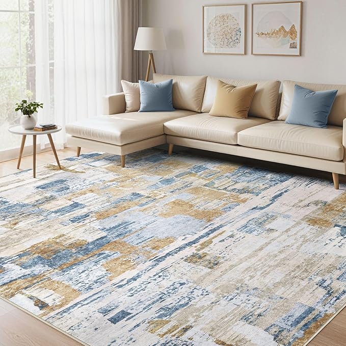 Abstract Living Room Rug 12x15 - Modern Washable Soft Thin Area Rug for Living Room Bedroom Under Dining Table - Neutral Indoor Floor Rug Carpets for Home Office Playroom Nursery - Blue Gold