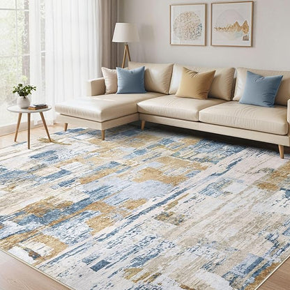 Abstract Living Room Rug 12x15 - Modern Washable Soft Thin Area Rug for Living Room Bedroom Under Dining Table - Neutral Indoor Floor Rug Carpets for Home Office Playroom Nursery - Blue Gold
