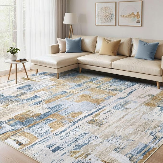 Abstract Living Room Rug 12x15 - Modern Washable Soft Thin Area Rug for Living Room Bedroom Under Dining Table - Neutral Indoor Floor Rug Carpets for Home Office Playroom Nursery - Blue Gold