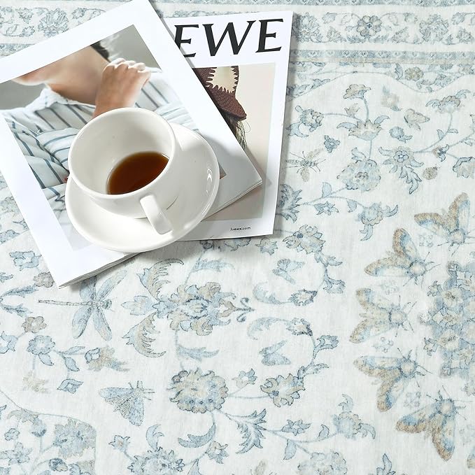 Moynesa Vintage Washable Blue 2x6 Hallway Runner Rug, Neutral Distressed Oriental Runner for Entryway Kitchen Bathroom Bedroom, Low Pile Soft Non-Slip Carpets for Nursery Laundry