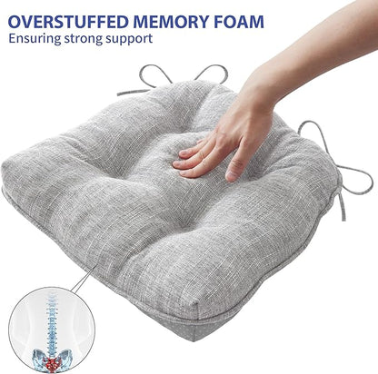 Chair Cushions for Dining Chairs Set of 4, Kitchen Chair Cushions, Chair Pads with Ties and Non Slip Backing, Tufted Memory Foam Seat Cushion 4 Pack, 15.5" x 15.5" x 4", Light Gray
