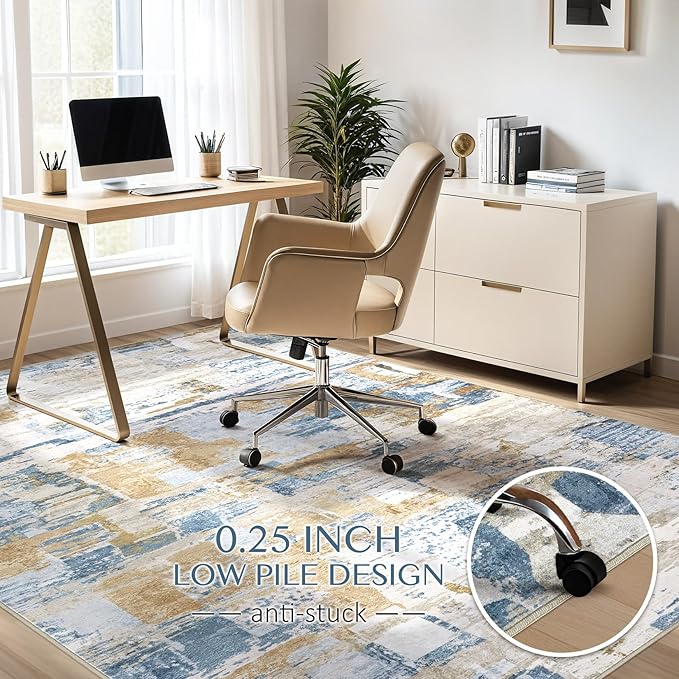 Abstract Living Room Rug 9x12 - Modern Washable Soft Thin Area Rug for Living Room Bedroom Under Dining Table - Neutral Indoor Floor Rug Carpets for Home Office Playroom Nursery - Blue Gold