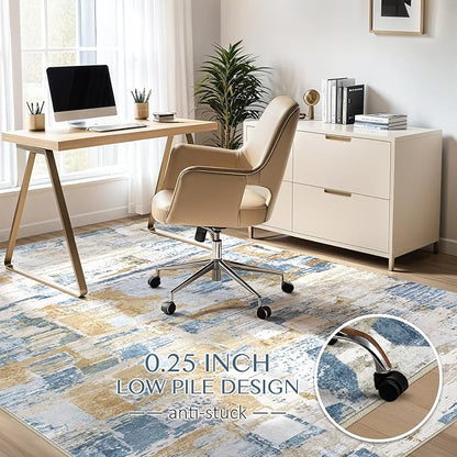 Abstract Living Room Rug 9x12 - Modern Washable Soft Thin Area Rug for Living Room Bedroom Under Dining Table - Neutral Indoor Floor Rug Carpets for Home Office Playroom Nursery - Blue Gold