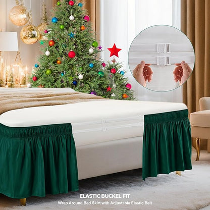 Biscaynebay Wrap Around Bed Skirts for Queen Beds 15" Drop, Christmas Hunter Green Adjustable Elastic Dust Ruffles Easy Fit Wrinkle & Fade Resistant Silky Luxurious Fabric Machine Washable