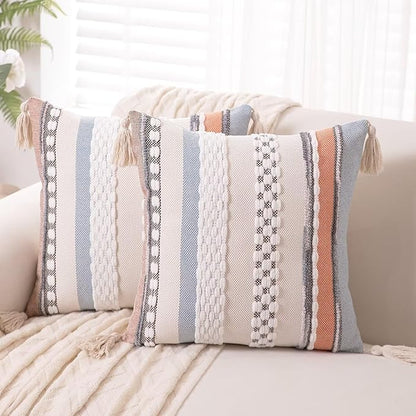 Boho Throw Pillow Covers 18x18 Set of 2 Woven Tufted Farmhouse Pillows Cover with Tassels Textured Striped Cushion Case Neutral Pillow Cases Decorative Pillowcase for Couch,Orange Blue