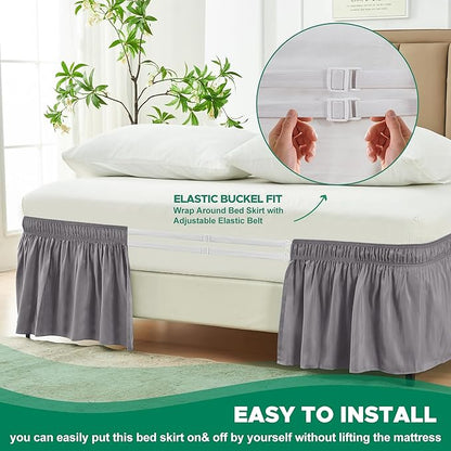 Biscaynebay Wrap Around Bed Skirts for King & Cal King Beds Extra Long Drop of 21", Silver Grey Adjustable Elastic Dust Ruffles Easy Fit Wrinkle Resistant Silky Luxurious Fabric Machine Washable