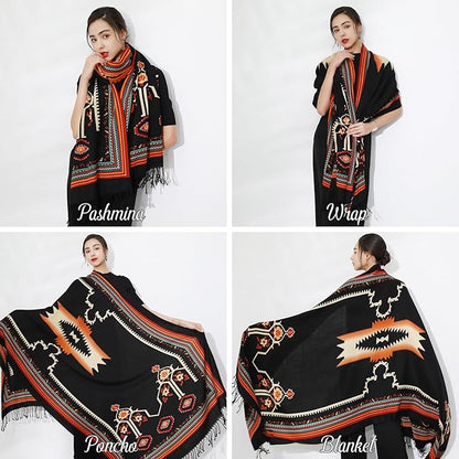 DANA XU 100% Merino Wool Extra Large Pashmina Blanket Travel Scarf Cashmere Wrap for Women Fall Winter Oversize Shawl Floral