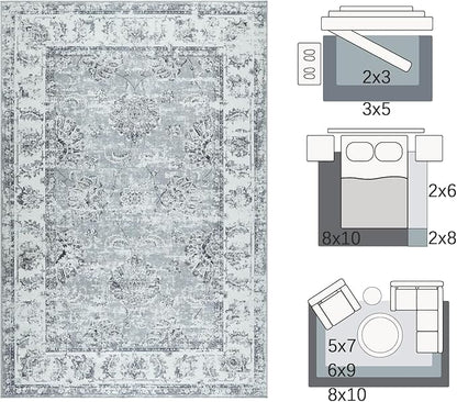 jinchan Fiora Washable Area Rug 8x10 for Living Room Soft Faux Wool Ultra-Thin Stain Resistant Non-Slip Distressed Vintage Floral Large Carpet for Bedroom Dining Room Home Office Nursery(Grey, 8'x10')