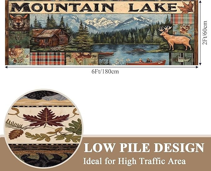 Multi-Color Elk Runner Rug 2x7ft with Floral Mountain Scene - Vintage Washable Floor Mat, Bohemian Rug for Kitchen Corridor, Canvas Art Style Decor