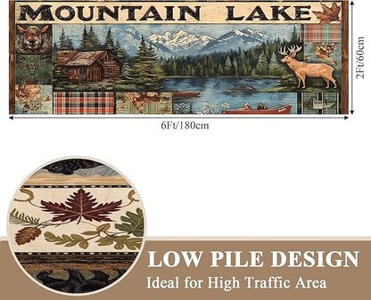 Multi-Color Elk Runner Rug 4x10ft with Floral Mountain Scene - Vintage Washable Floor Mat, Bohemian Rug for Kitchen Corridor, Canvas Art Style Decor