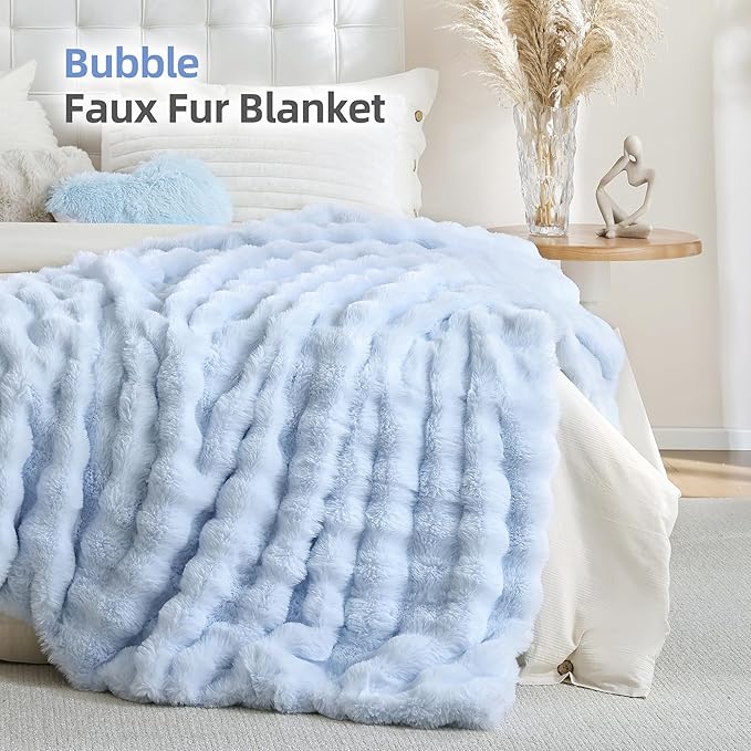 Smoofy Faux Fur Throw Blanket for Couch Rabbit Fleece - Light Blue Fluffy Blanket for Sofa Bedroom Living Room, Cozy Soft Plush Luxury Thick Winter Fuzzy Comfy Bubble Blanket - 60" x 80"