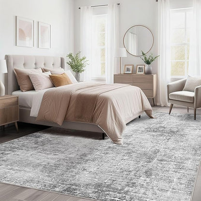 Abstract Living Room Rug 10x14 - Modern Washable Soft Thin Area Rug for Living Room Bedroom Under Dining Table - Neutral Indoor Floor Rug Carpets for Home Office Playroom Nursery - Grey White