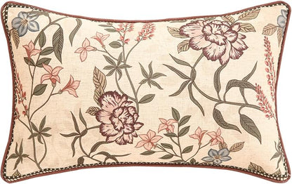 ISAENNE Design Linen Vintage Throw Pillow Covers 12"x20", Rectangle Cushion Covers with Blue Pink Flowers Green Leaves Pattern Decoration Pillowcases for Bed,Living Room,Outdoor,Car