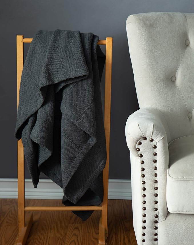 Sticky Toffee Cotton Throw Blanket, 60 x 50 Inch, Dark Gray Herringbone Weave, Soft Lightweight Woven Blanket for Couch, Boho Farmhouse Style