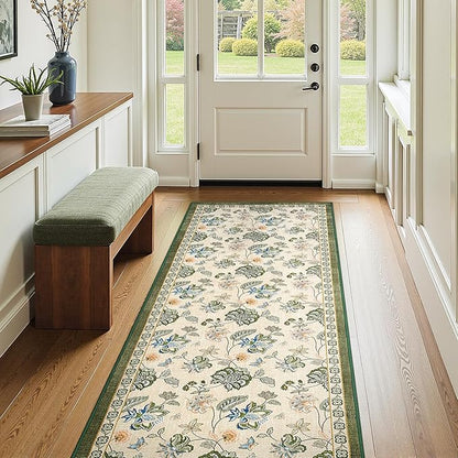 jinchan Elora 3x8 Floral Runner Rug for Hallway Washable Runner Vintage Romance Christmas Design Non Slip Thin Indoor Floor Cover Low-Profile Throw Carpet for Entryway Bathroom Bedroom, Green/Beige